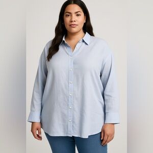 NWT ZARA Linen Tie Waist Button Blouse Blue Size L Oversized Fit